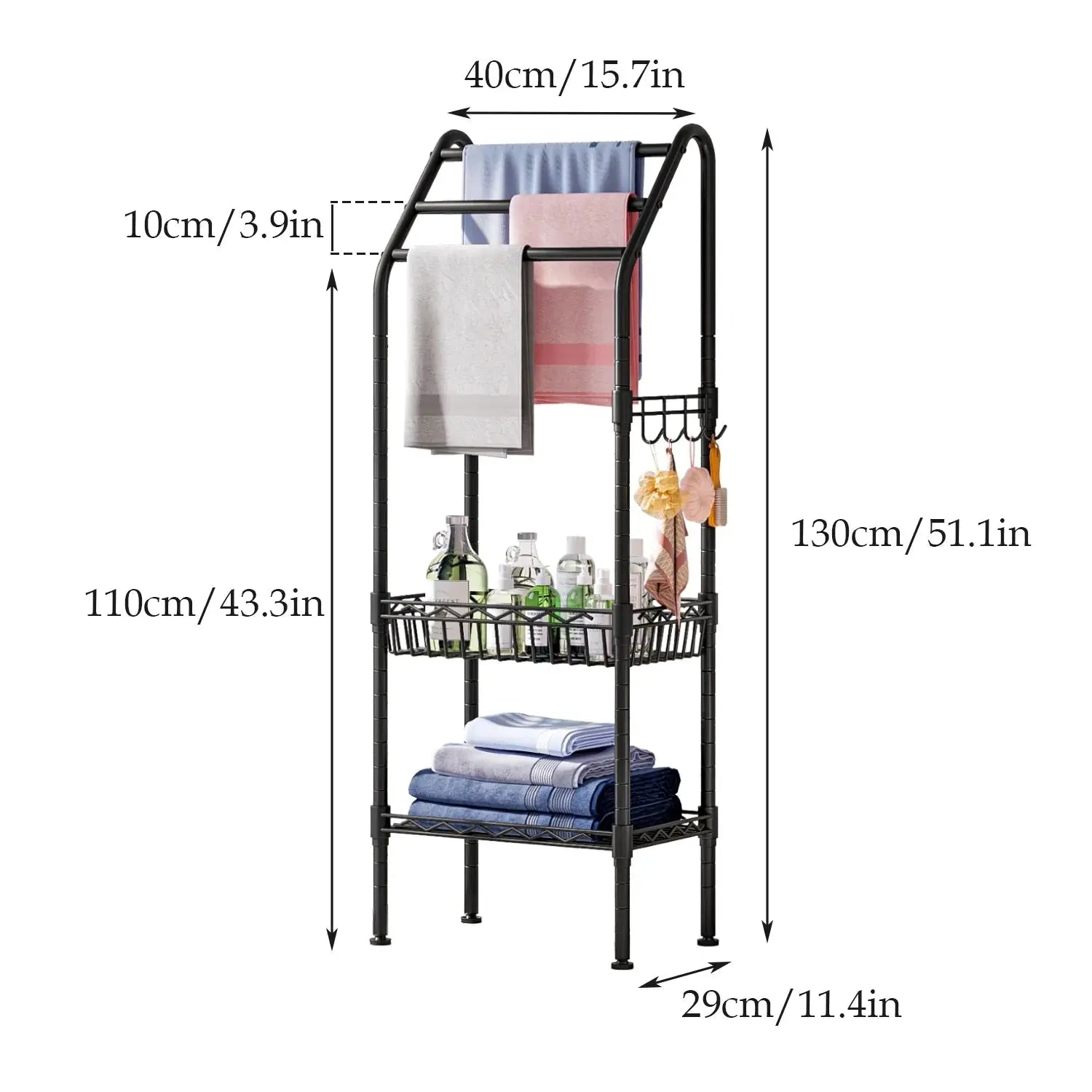 Metal 3 Tiers Free-Standing Towel Rack, Adjustable Bathroom Storage Organizer Shelf, Bath Towel Standing Shelf for Swimming Pool, Black