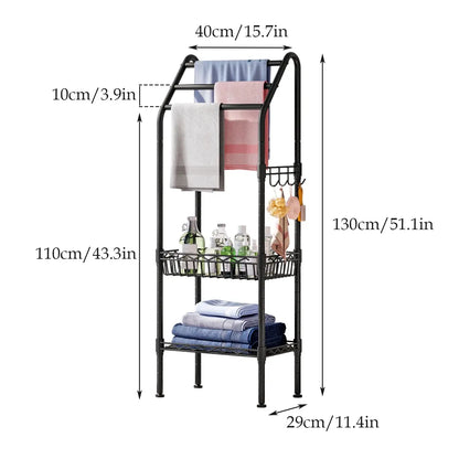 Metal 3 Tiers Free-Standing Towel Rack, Adjustable Bathroom Storage Organizer Shelf, Bath Towel Standing Shelf for Swimming Pool, Black