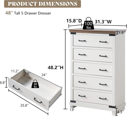 5 Pieces Farmhouse Bedroom Set, Includes Wood Rustic Queen Bed Frame with 54" Tall Headboard, 6 Drawer Dresser Chest, 5 Drawer Tall Dresser, Nightstands Set of 2 with Charging Station, White