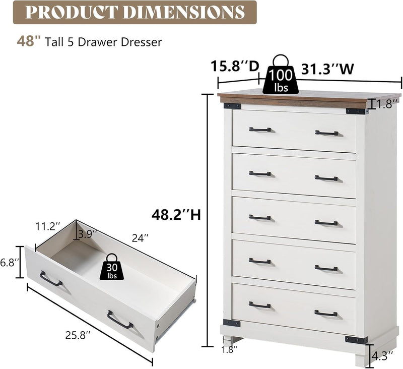 5 Pieces Farmhouse Bedroom Set, Includes Wood Rustic Queen Bed Frame with 54" Tall Headboard, 6 Drawer Dresser Chest, 5 Drawer Tall Dresser, Nightstands Set of 2 with Charging Station, White