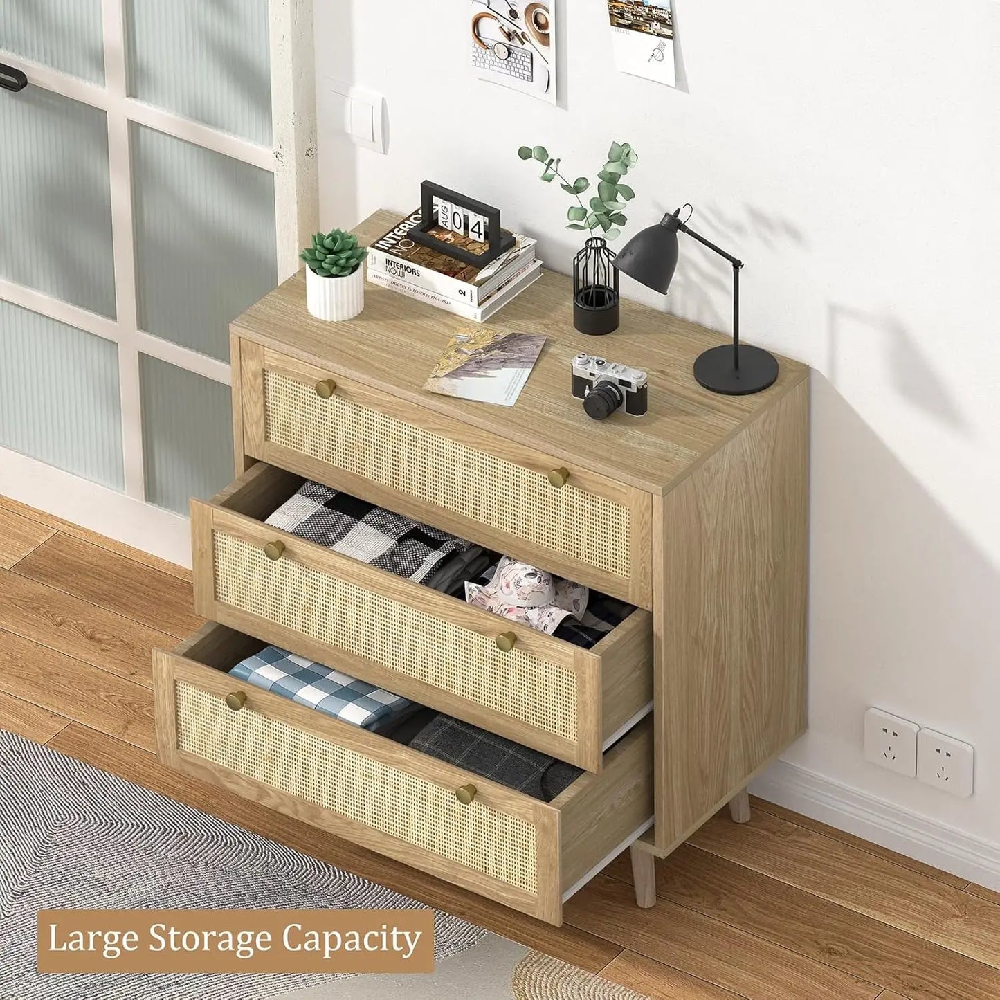3 Drawer Dresser for Bedroom, Rattan Dresser Modern Wood Chest of Drawers with Spacious Storage for Bedroom Hallway Living Room, Rustic Oak, H0027