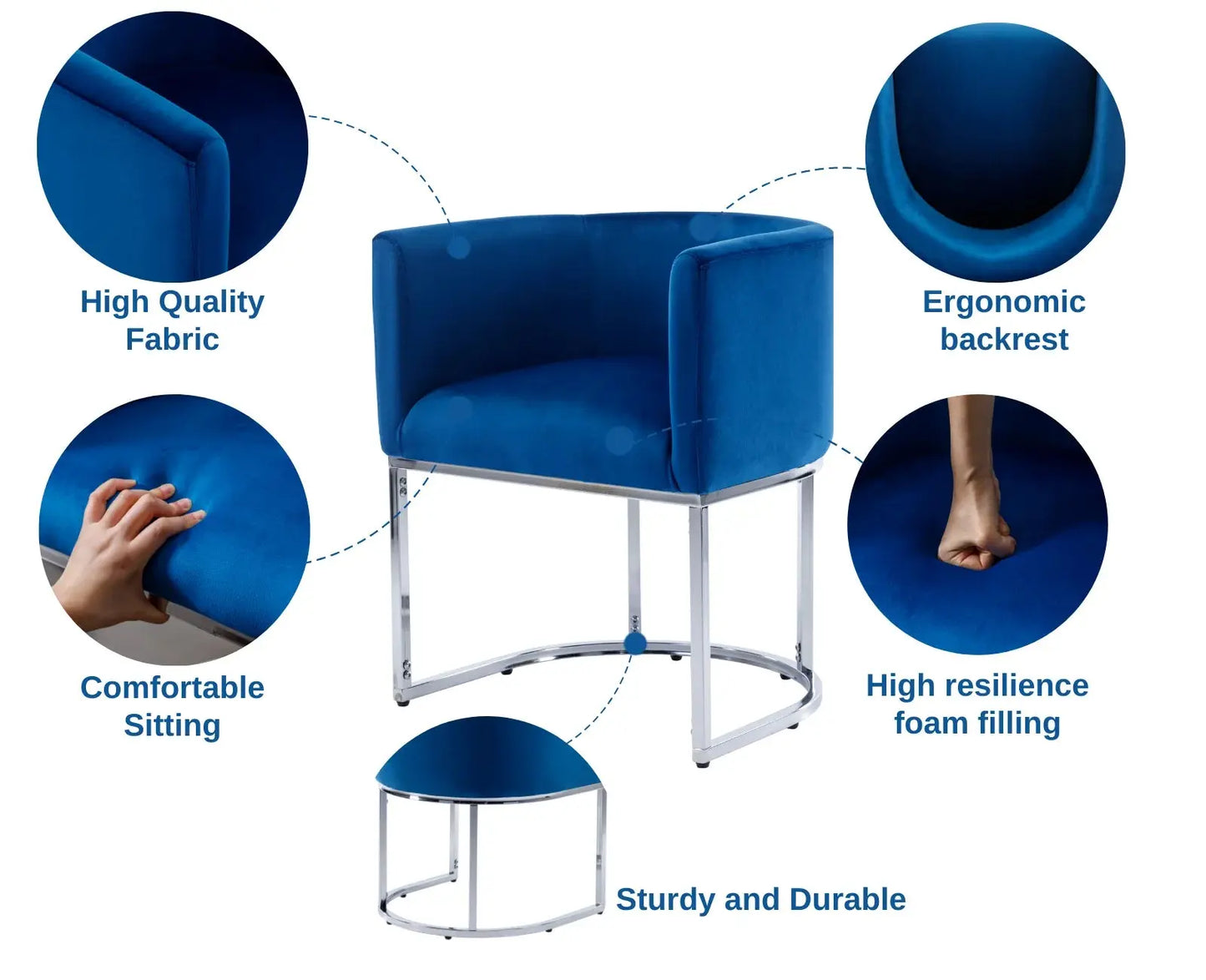 Modern Velvet Dining Chair, Mid-Century Upholstered Barrel Kitchen Chairs Fabric Side Chair with Metal Legs and Curved Back for Living Room Dining Room Bedroom, Blue