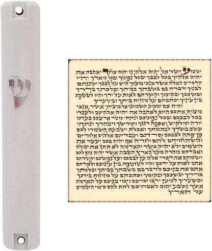 Waterproof White Mezuzah Case with Scroll Classic Judaica Israel Plastic Door Mezuza Silver Shin (4 Inches - 10 Cm)