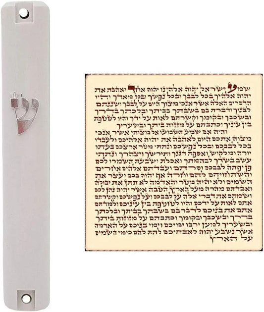 Waterproof White Mezuzah Case with Scroll Classic Judaica Israel Plastic Door Mezuza Silver Shin (4 Inches - 10 Cm)