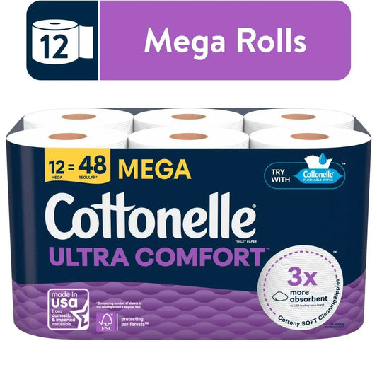 Cottonelle Ultra Comfort Toilet Paper, Soft Toilet Tissue, 12 Mega Rolls Wipes