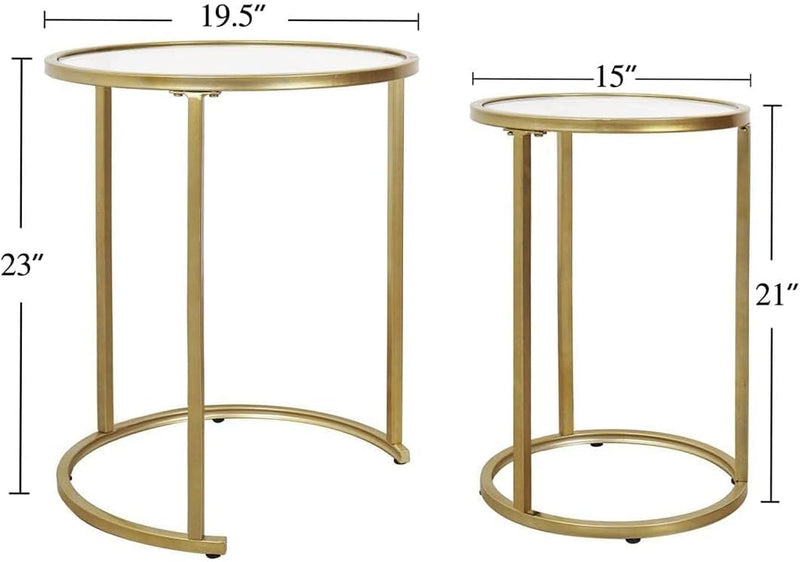 Set of 2 Gold Glass Nesting Side Tables - Round Stacking Coffee Tables for Small Spaces, Ideal for Living Room and Bedroom Decor