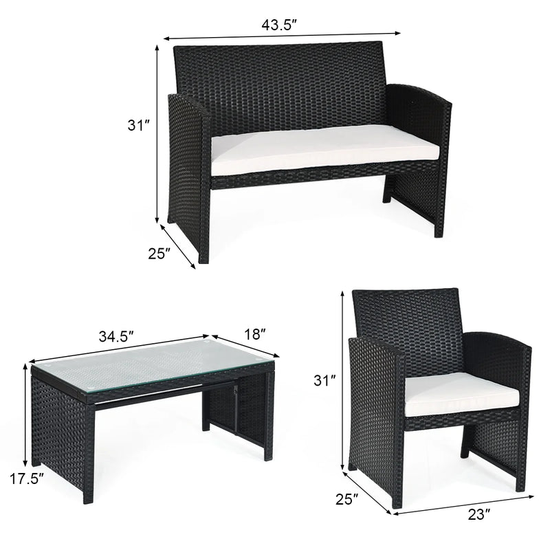4PCS Patio Rattan Furniture Set Table &Sofa W/Cushion Garden Black