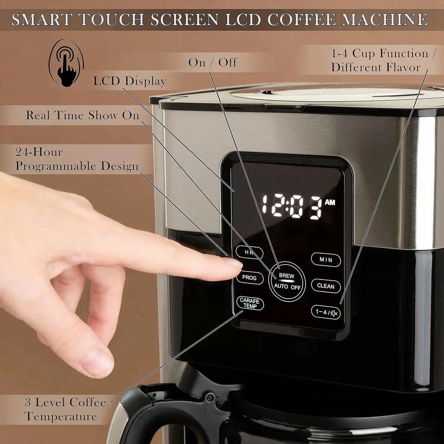 12-Cup Programmable Drip Coffee Maker with LCD Touch Display, Borosilicate Glass Carafe, Anti-Drip System, and Stainless Steel Finish