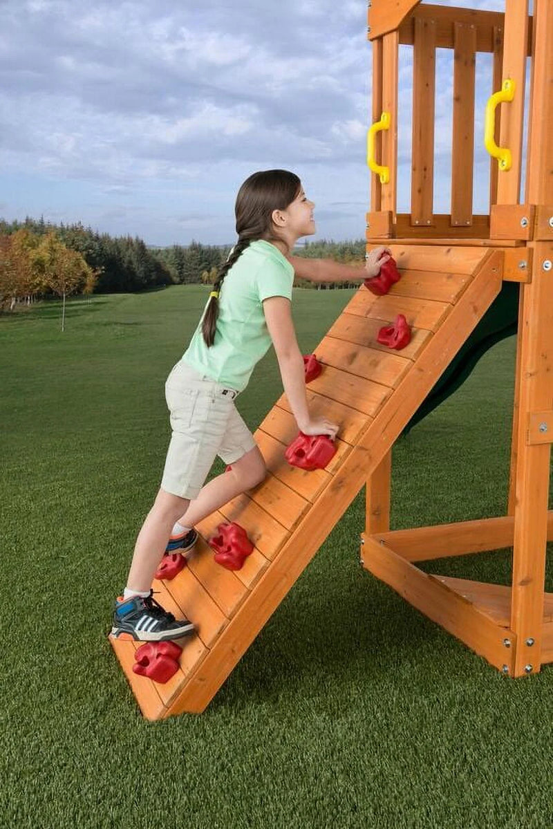 Timber Valley Wooden Playset with Wooden Roof, Glider Swing, Sandbox, Climbing Wall, Ladder, Slide & Belt Swings