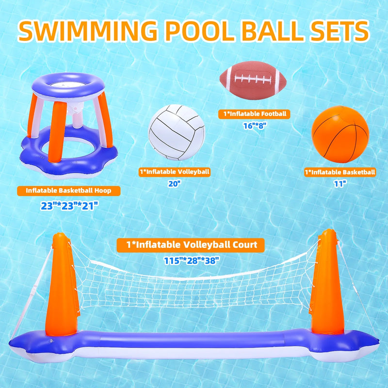 Inflatable Pool Toys, 2-In-1 Swimming Pool Basketball & Volleyball Sets, Floating Basketball Hoop and Water Football, Summer Pool Game for Kids and Adults