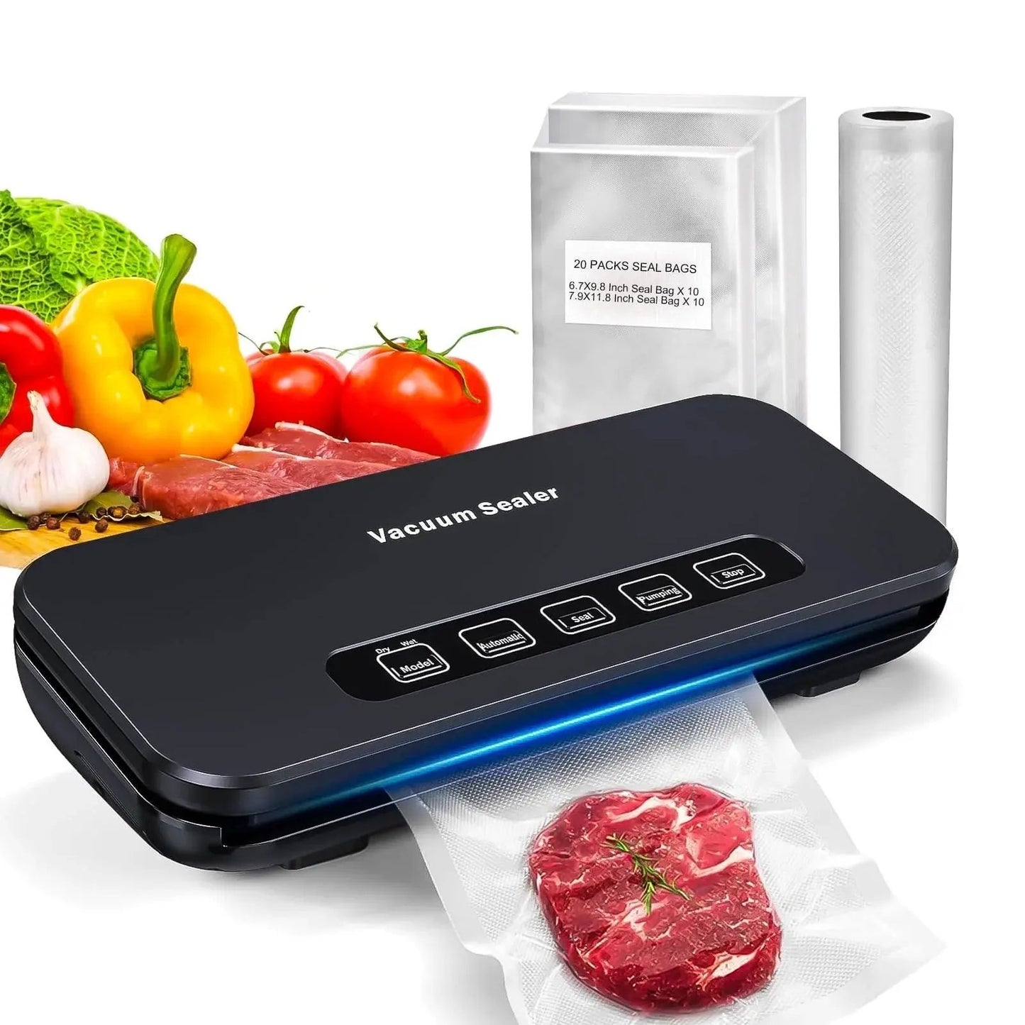 Automatic Vacuum Sealer Machine, 85 Kpa Vacuum Sealer for Food Storage, External Vacuum Sealable Canisters, Dry & Wet Mode, with 20 Bags and a Roll Bag