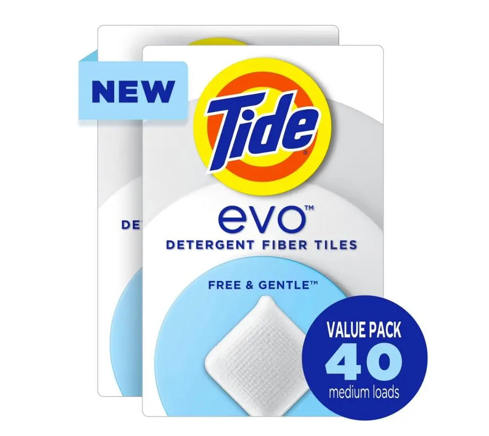 Tide evo Free & Gentle Laundry Tiles Cleaner Value Pack 40 ct for Delicate Fabrics Soft Care Solution Easy to Use Effective Clean