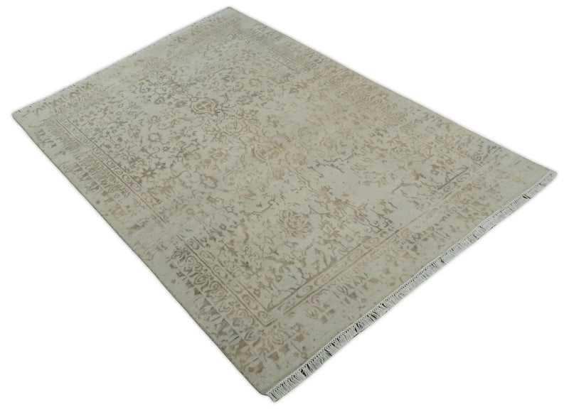 5x7 Fine Hand Knotted Beige and Brown Traditional Vintage Persian Style Antique Wool and Silk Rug | AGR50 The Rug Decor