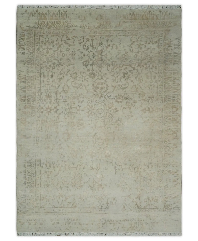 5x7 Fine Hand Knotted Beige and Brown Traditional Vintage Persian Style Antique Wool and Silk Rug | AGR50 The Rug Decor