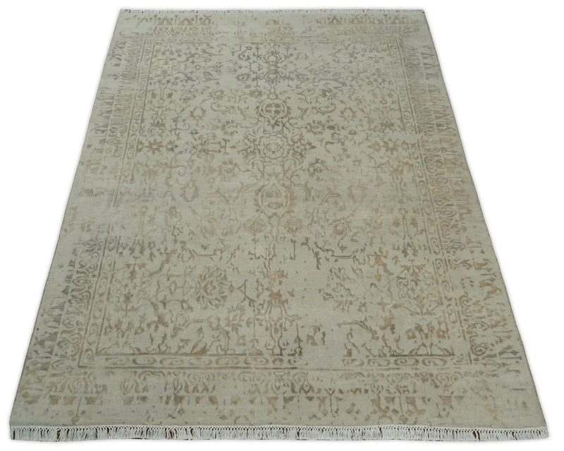 5x7 Fine Hand Knotted Beige and Brown Traditional Vintage Persian Style Antique Wool and Silk Rug | AGR50 The Rug Decor