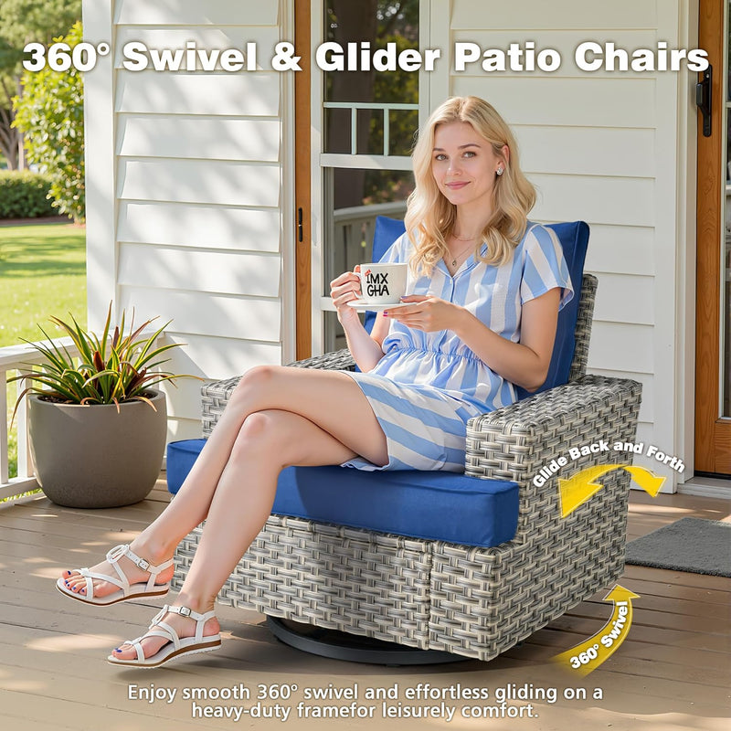 15-Piece Outdoor Sectional Sofa Set W/ 43" Fire Pit – L-Shaped Wicker Patio Furniture, Deep Seating & Swivel Rockers, Blue