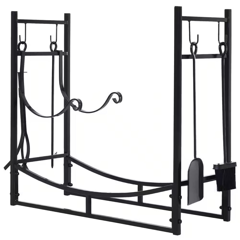 33 In. L Wrought Iron Indoor Outdoor Fireplace Tool Set Log Rack Holder with Fireplace Tools