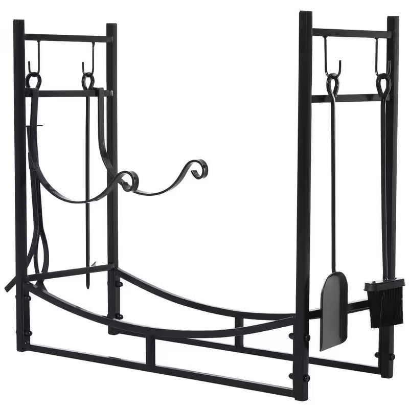 33 In. L Wrought Iron Indoor Outdoor Fireplace Tool Set Log Rack Holder with Fireplace Tools