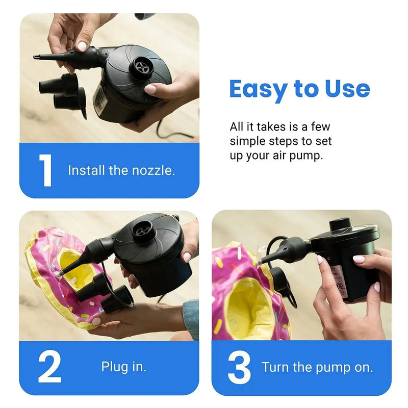 Electric Air Pump Air Mattress Portable Pump for Inflatables Couch, Pool Floats, Blow up Pool Raft Bed Boat Toy, Quick-Fill AC Inflator Deflator with 3 Nozzles, One Size, Black