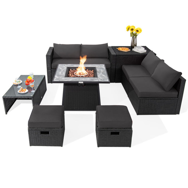 Transform your outdoor space with this stunning 9-piece wicker sectional set, complete with a cozy 35-inch gas fire pit table! 🔥✨ #OutdoorLiving #FirePitFun