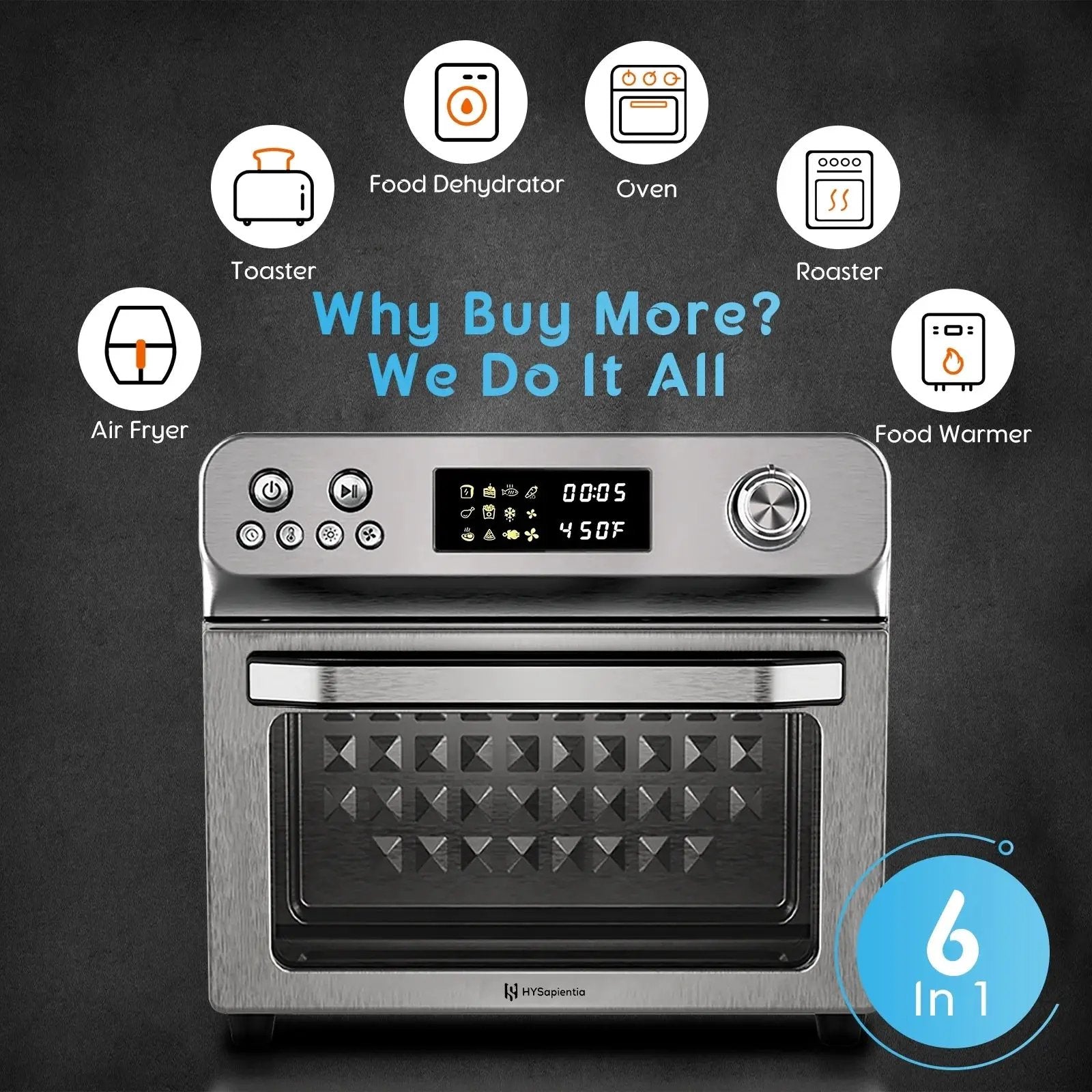 26QT 10-in-1 Stainless Steel Air Fryer Oven with Rotisserie - 1800W Convection Toaster Oven Combo, Easy to Clean Mini Toaster Oven