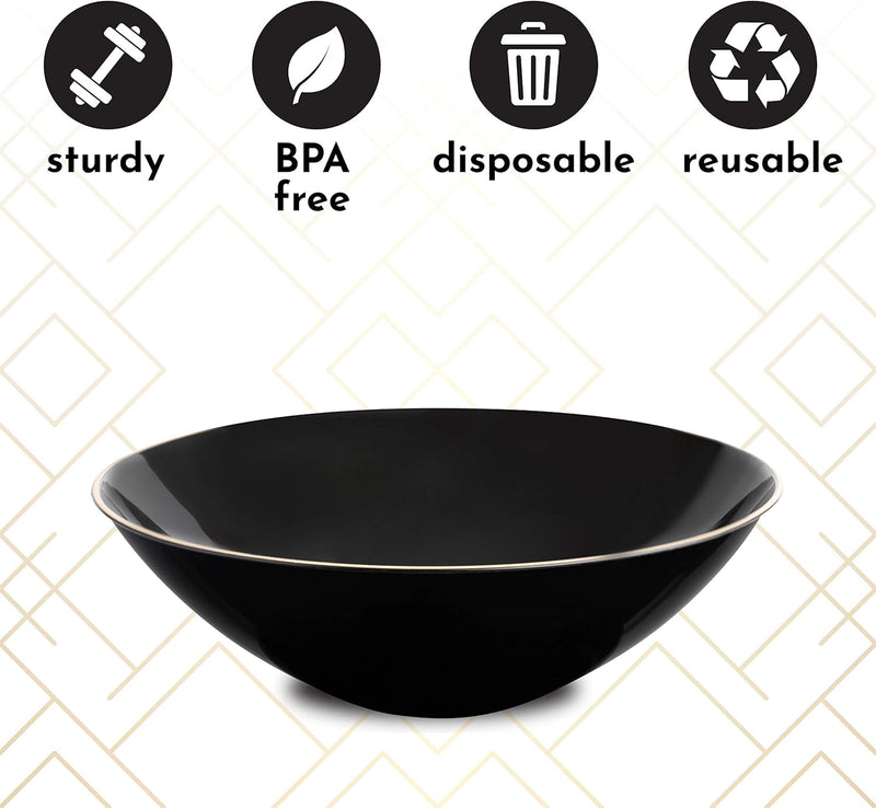 Elevate Your Party with Elegant 16oz Black Soup Bowls Featuring a Chic Gold Rim – 20 Count of Premium Disposable Tableware!