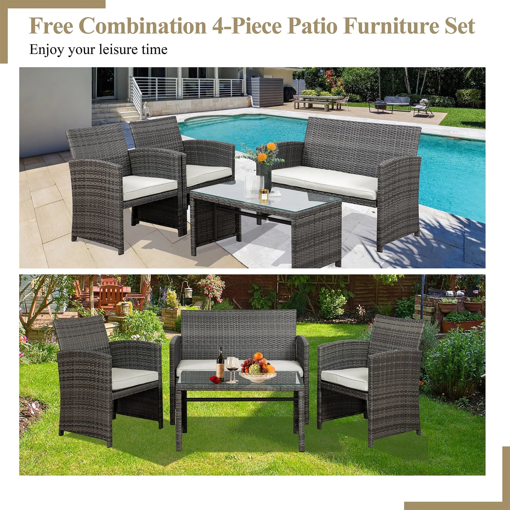 4-Piece Patio Rattan Furniture Set with Cushions & Tempered Glass Tabletop, White
