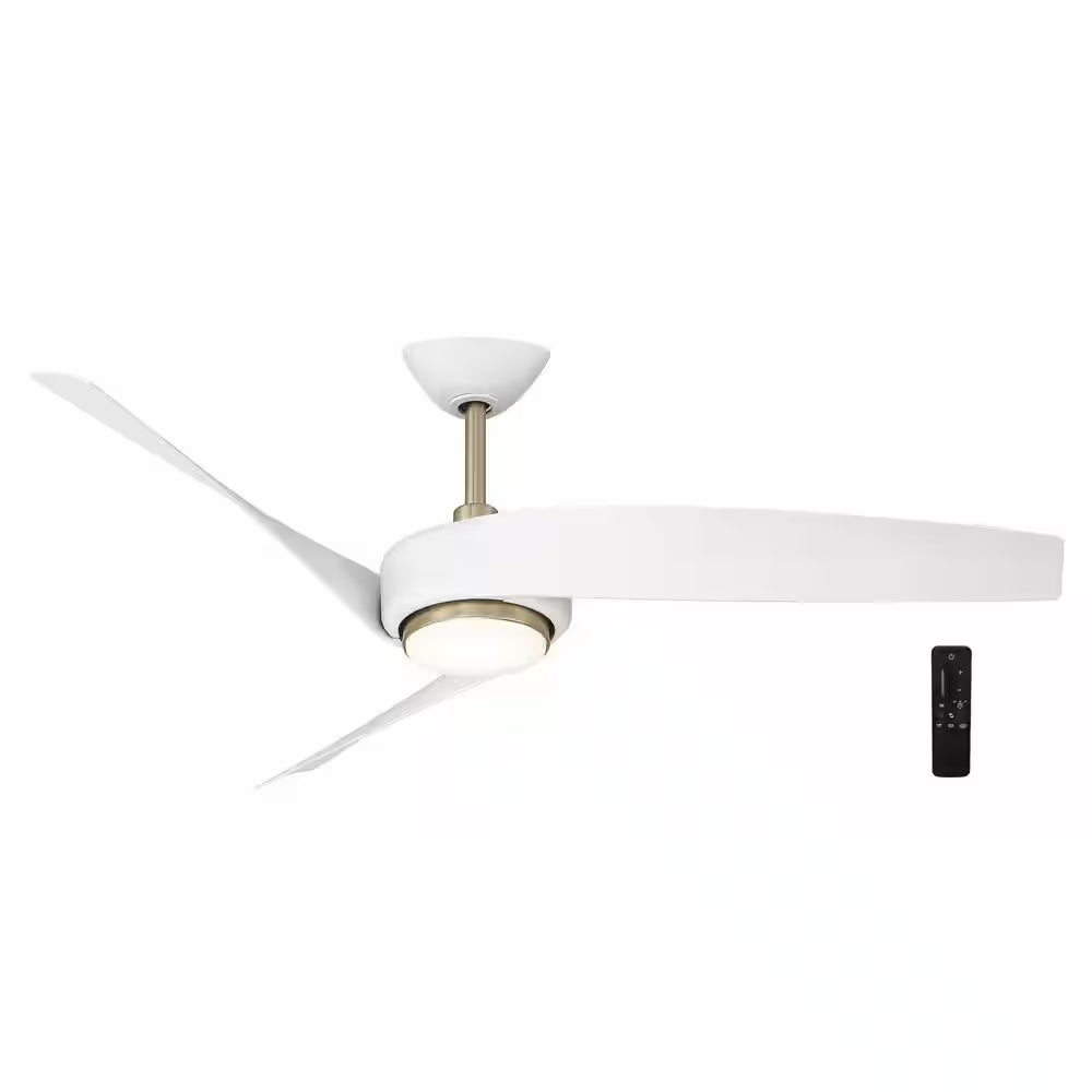 Tudor 56 In. Indoor Brushed Gold with White Blades Ceiling Fan with Adjustable White Integrated LED with Remote Included