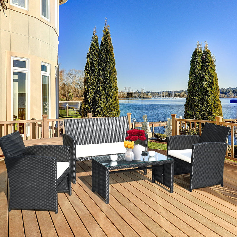 4PCS Patio Rattan Furniture Set Table &Sofa W/Cushion Garden Black