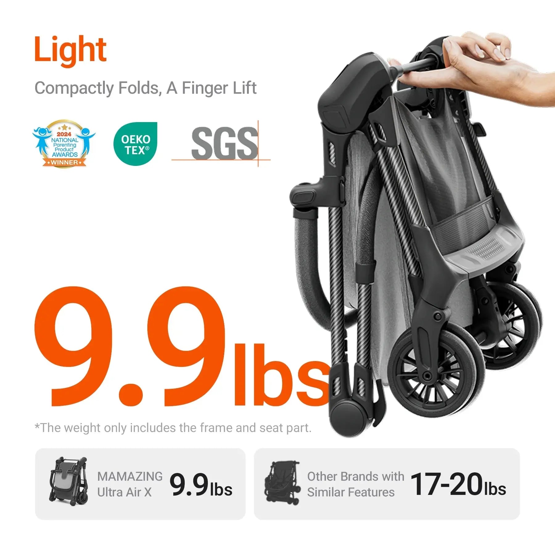 Ultra Air X Lightweight Baby Stroller for Airplane Travel, 9.9 Lbs, Ultra-Compact, Light & Strong, Age Group: Infant, Single, Grey