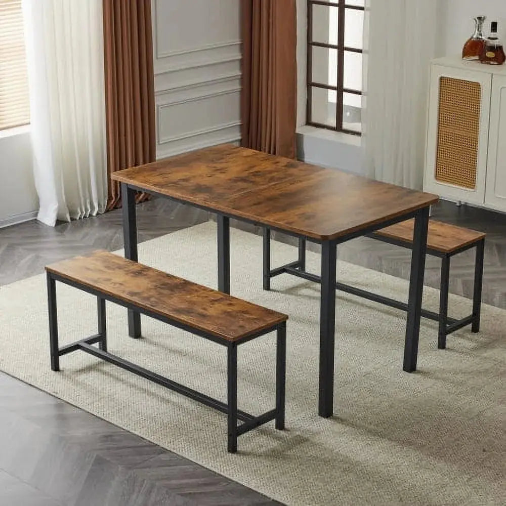 Ktaxon Extendable Dinner Table for 6 Dining Room Table Set Rectangle Kichen Table with Two Benches 63" W Fire Wood and Black