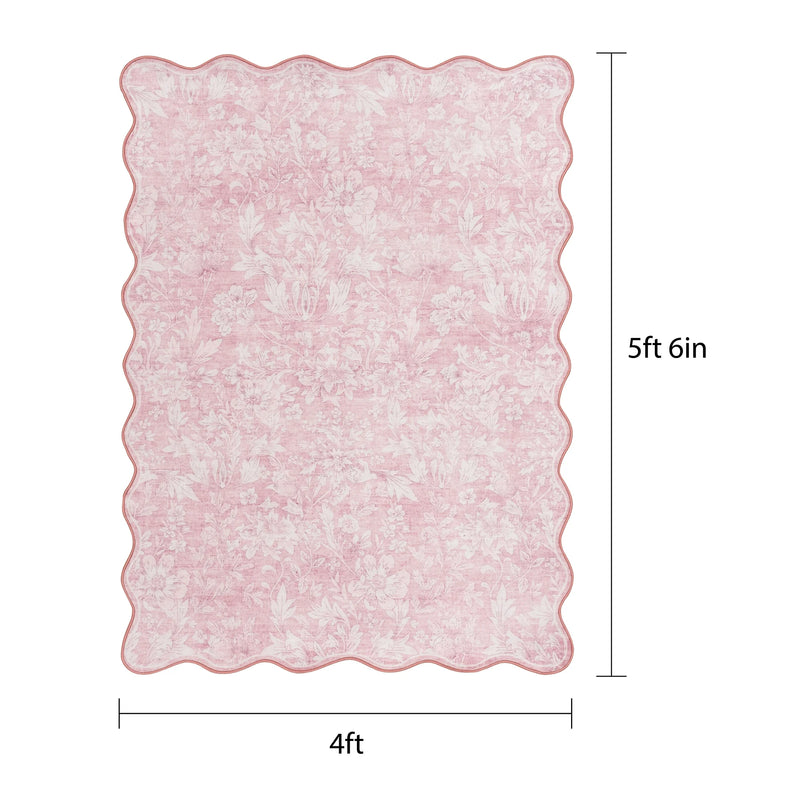 4'X5'6" Pink Feather Faux Fur Scalloped Indoor Area Rug