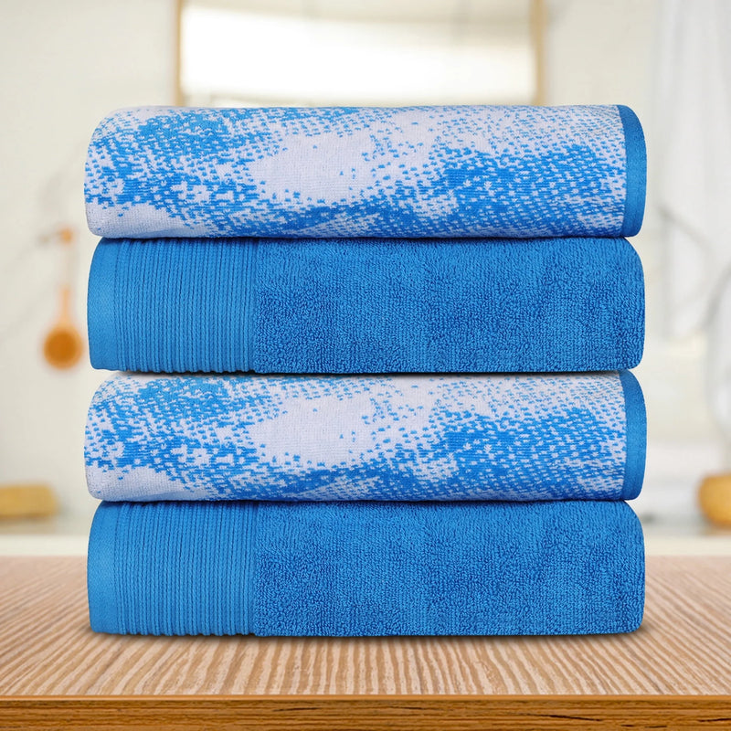 Cotton Marble Jacquard Border Bath Towel (Set of 4), Blue