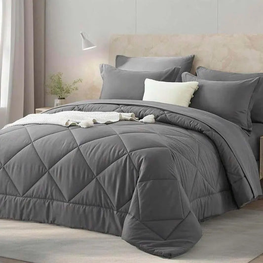 5/7 Piece Solid Color Bed Comforter Set Queen, Creative Geometric Pattern Design, Soft and Comfortable Summer Bedding Set.Bed in a Bag for All Seasons, Includes Comforter, Flat Sheet, Fitted Sheet, Pillowcases, Ideal Gift.