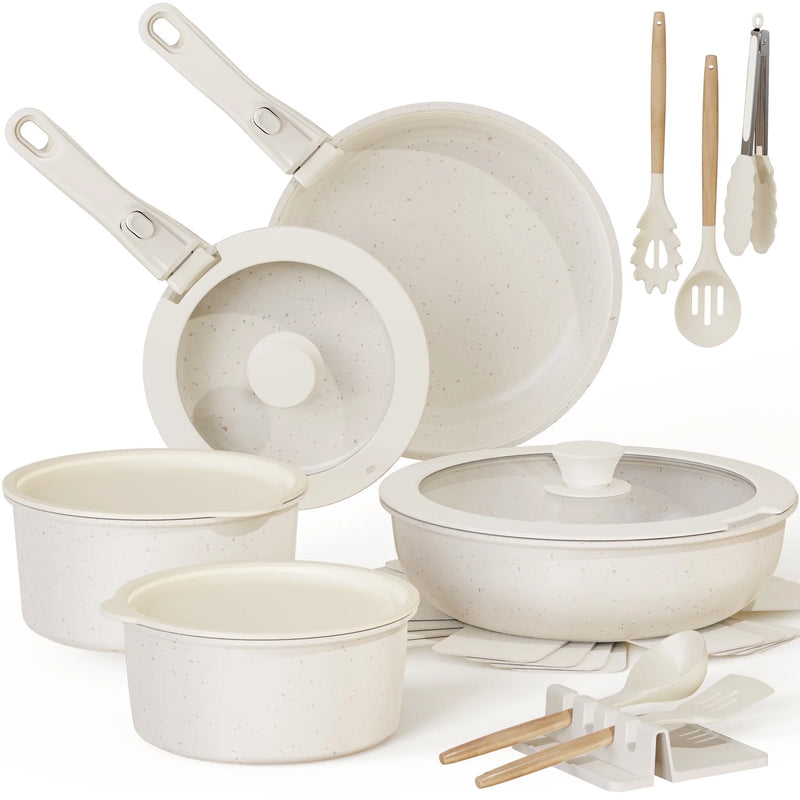 20-Piece Non-Stick Ceramic Cookware Set with Detachable Handles, Oven Safe and Induction Compatible, Stackable RV Kitchen Set in Cream White