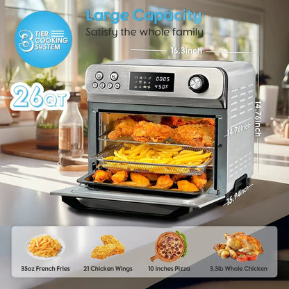 26QT 10-in-1 Stainless Steel Air Fryer Oven with Rotisserie - 1800W Convection Toaster Oven Combo, Easy to Clean Mini Toaster Oven