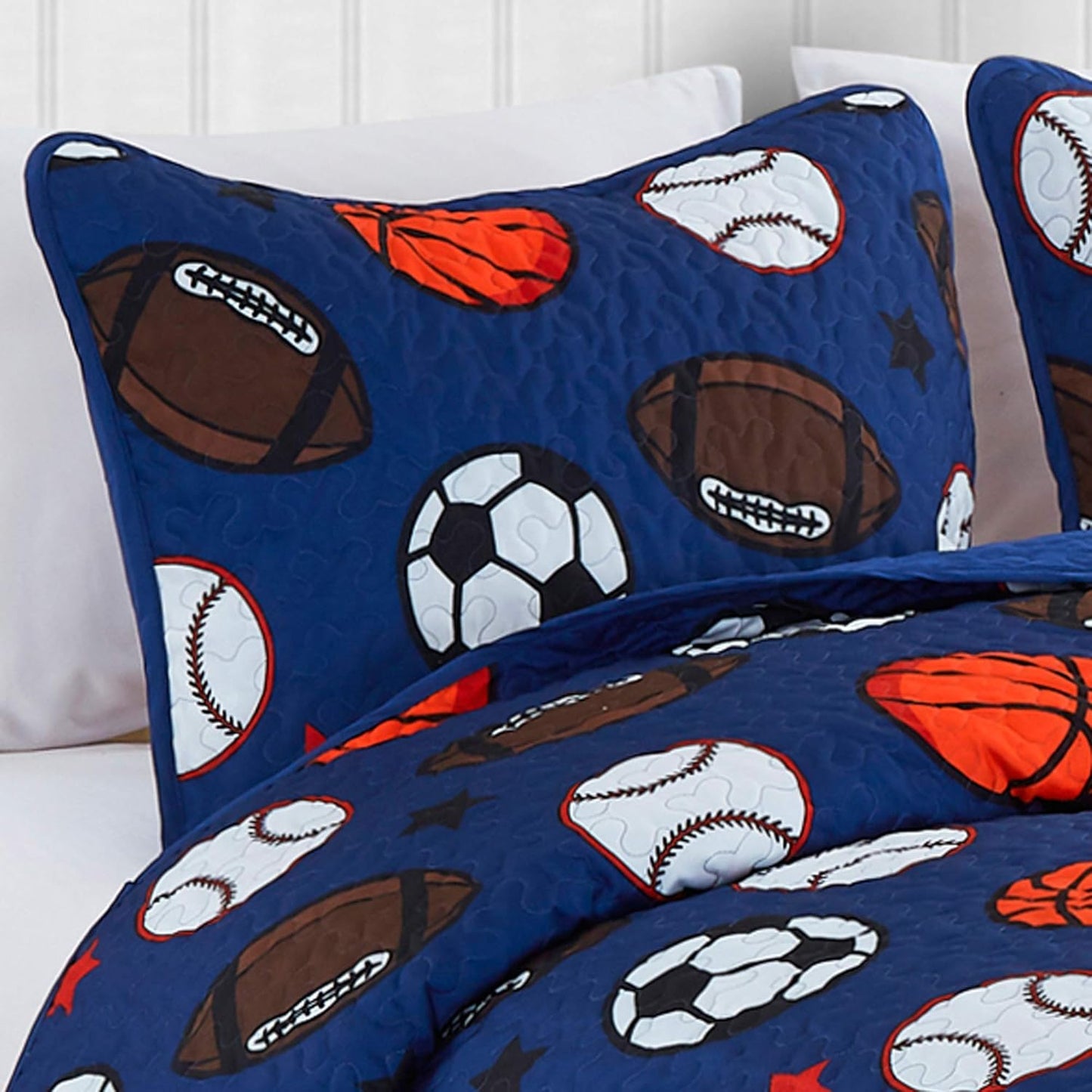 Blue Twin Quilt Set, Football Baseball Print Quilt Set Basketball Sports Soccer Fan Theme Bedspread for Twin Bed Quilted with Pillow Sham(Football, Twin)