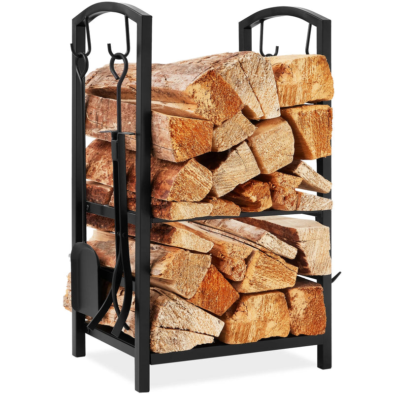 5-Piece Firewood Log Rack Holder Tools Set for Fireplace W/ Hook, Broom, Shovel, Tongs - Copper