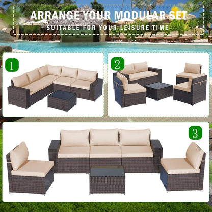 Patio Furniture Sets 6 Pieces PE Rattan Wicker Furniture Patio Sofa Set(Sand)