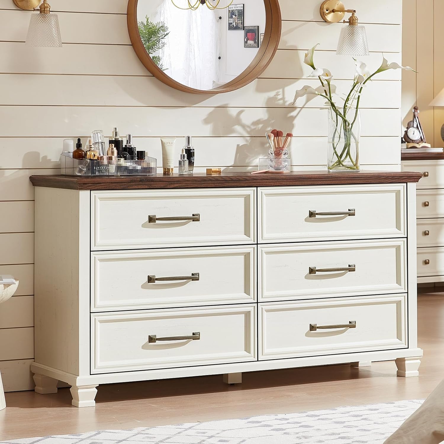 Charming Farmhouse Bedroom Dresser and Nightstand Set - Rustic 6 Drawer Tall & Low Dresser with 2 USB Ports and 2 Drawer Nightstand for Elegant Storage Solutions in White