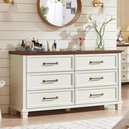 Charming Farmhouse Bedroom Dresser and Nightstand Set - Rustic 6 Drawer Tall & Low Dresser with 2 USB Ports and 2 Drawer Nightstand for Elegant Storage Solutions in White