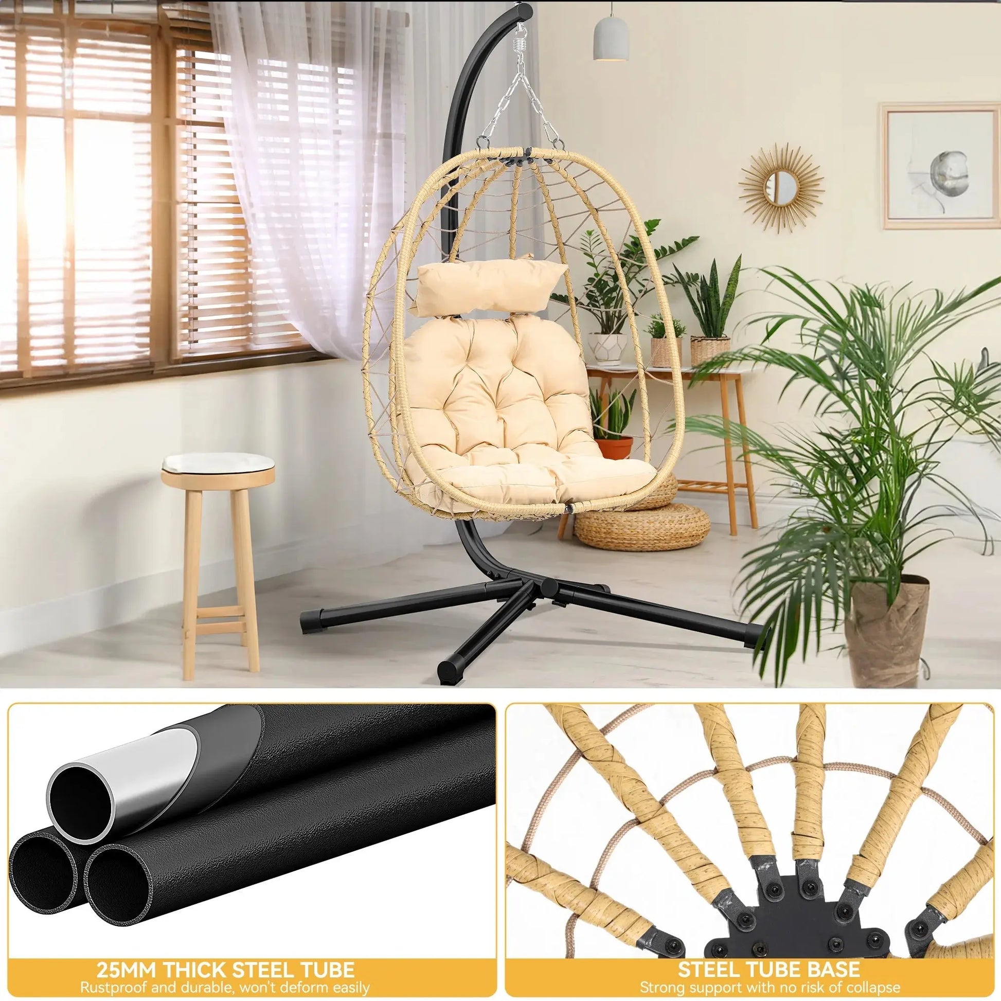 Hanging Egg Chair with Stand Swing Chair Wicker Indoor Outdoor Hammock Egg Chair with Cushions 330Lbs for Patio, Bedroom, Garden and Balcony, Beige