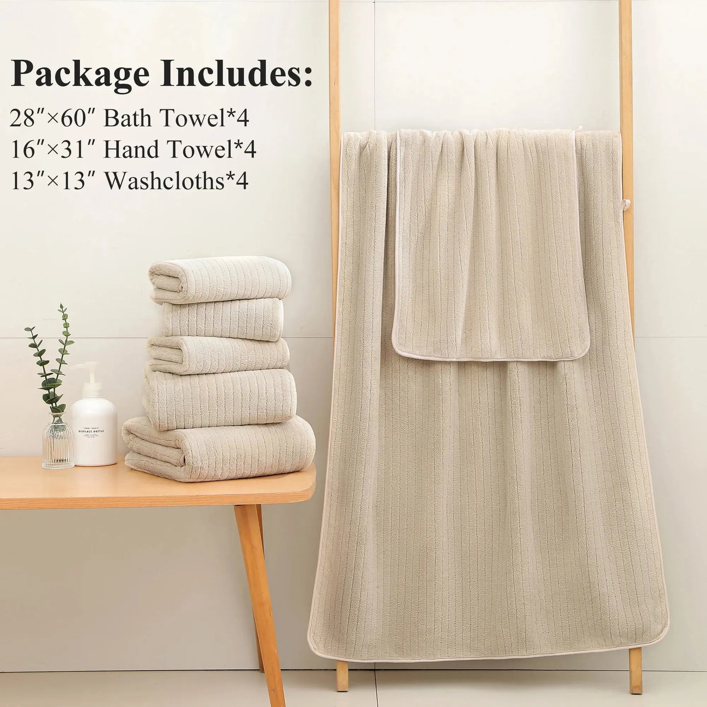 12 Piece Camel Bath Towel Set for Bathroom-4 Bath Towels,4 Hand Towels,4 Washcloths Soft and Plush Highly Absorbent Towel for Hotel & Spa