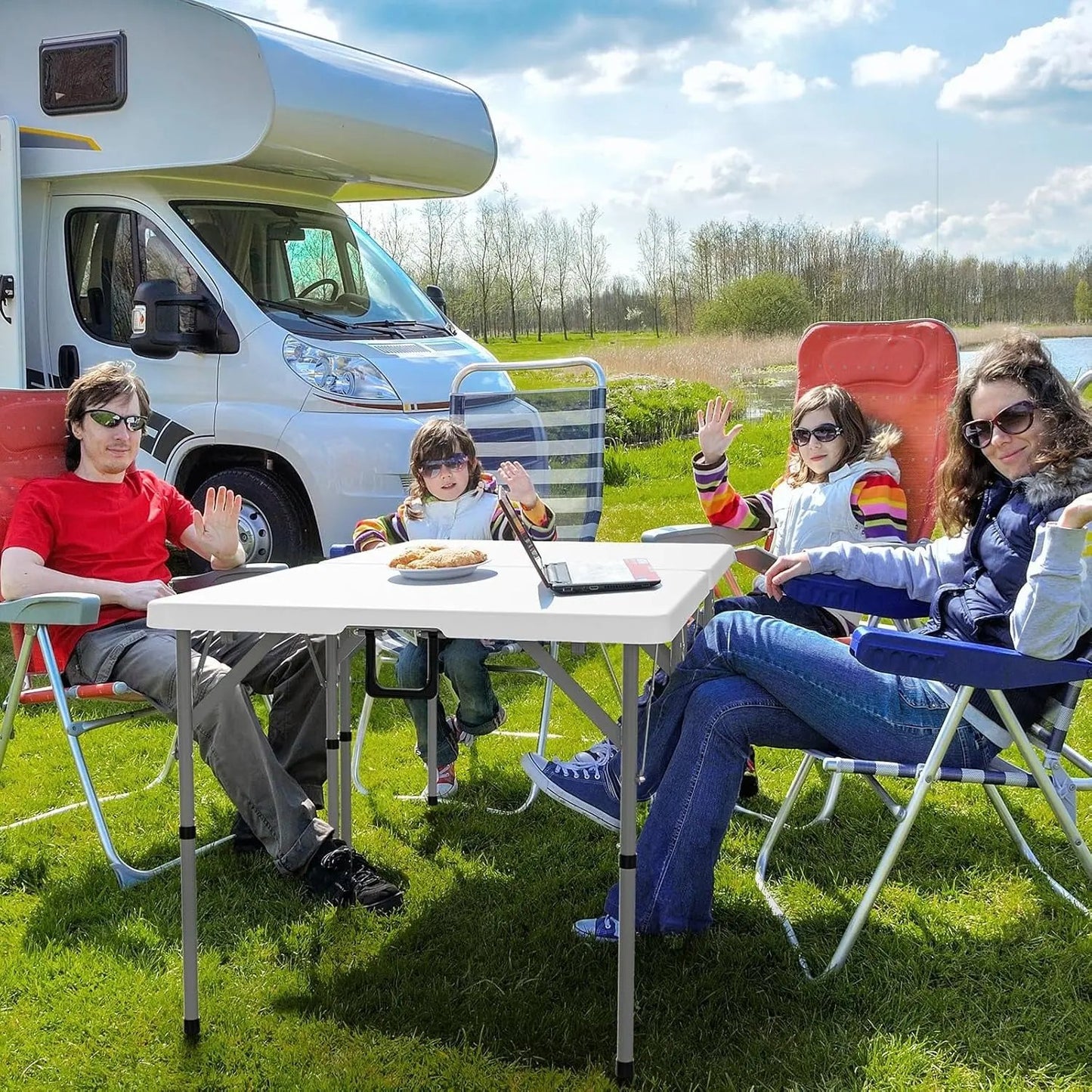 34" Fold in Half Square Table, Bi-Folding Commercial Table, Portable Plastic Dining Card Table for Kitchen or Outdoor Party Wedding Event, White