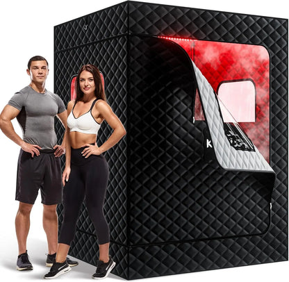 Upgraded 2 Person Portable Infrared Sauna Box with 5-Layer Waterproof, 2 Steamers, 2 Folding Chair for Spa, Indoor, Outdoor, Gym, Pilates, 71”X 36”X 49”, Black-2 Person