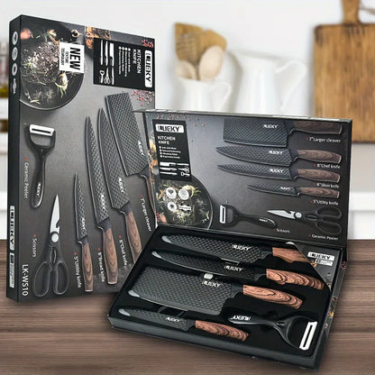 Professional Kitchen Knife Gift Set – 6-Piece Chef, Cleaver, Utility & Peeler – Premium Blades with Wood Grain Handles in Gift Box Our3Designs