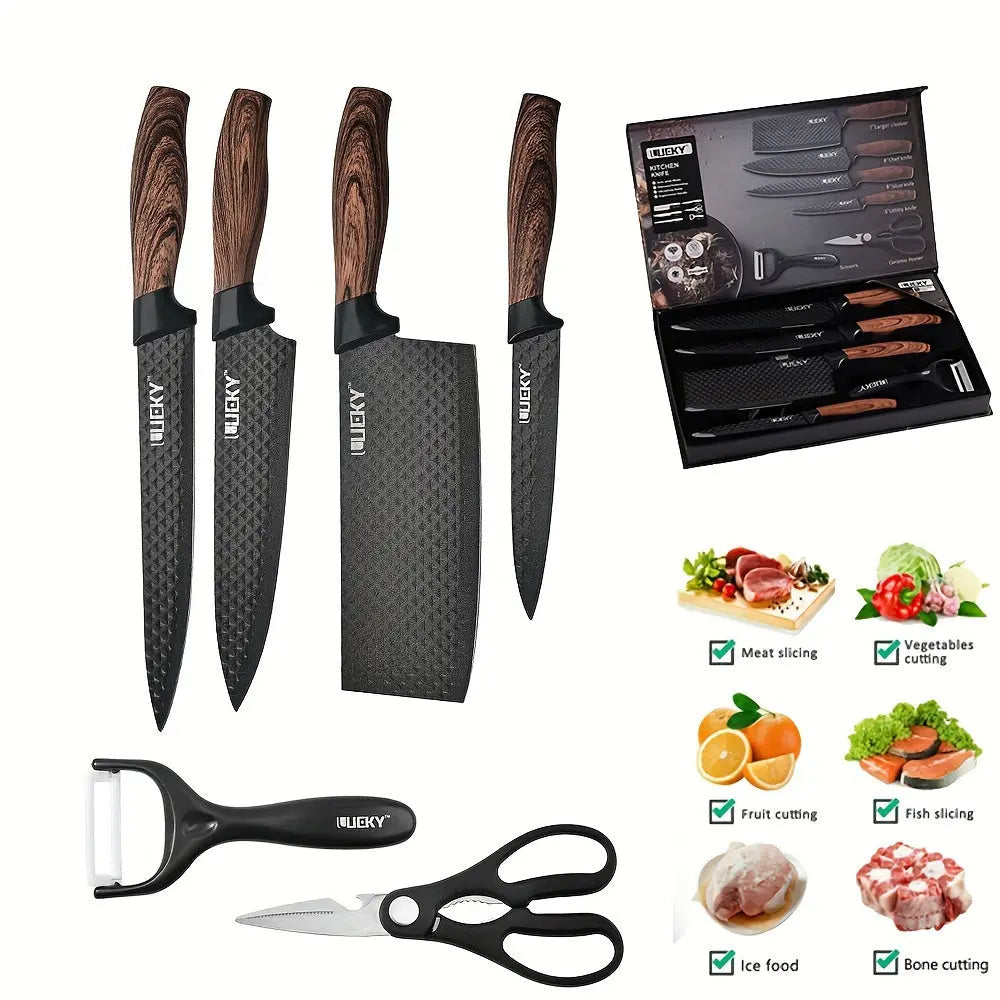 Professional Kitchen Knife Gift Set – 6-Piece Chef, Cleaver, Utility & Peeler – Premium Blades with Wood Grain Handles in Gift Box Our3Designs