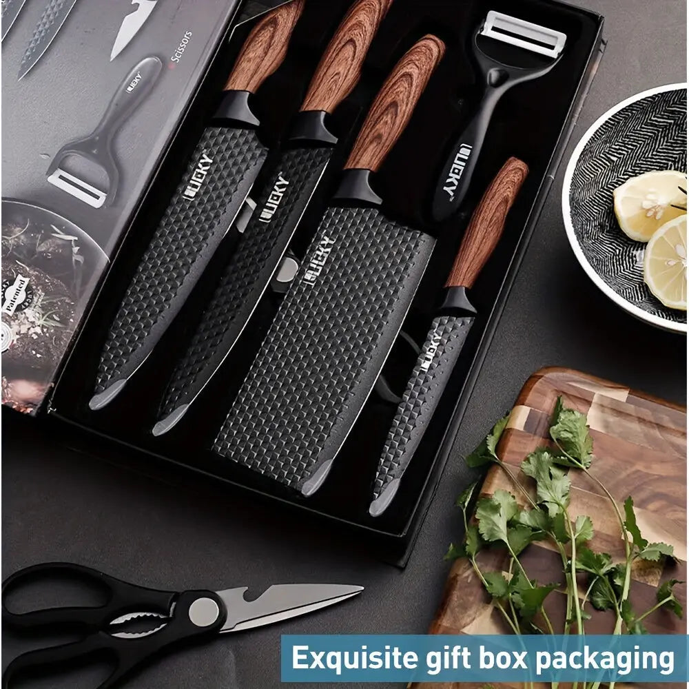 Professional Kitchen Knife Gift Set – 6-Piece Chef, Cleaver, Utility & Peeler – Premium Blades with Wood Grain Handles in Gift Box Our3Designs