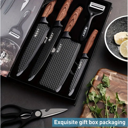 Professional Kitchen Knife Gift Set – 6-Piece Chef, Cleaver, Utility & Peeler – Premium Blades with Wood Grain Handles in Gift Box Our3Designs