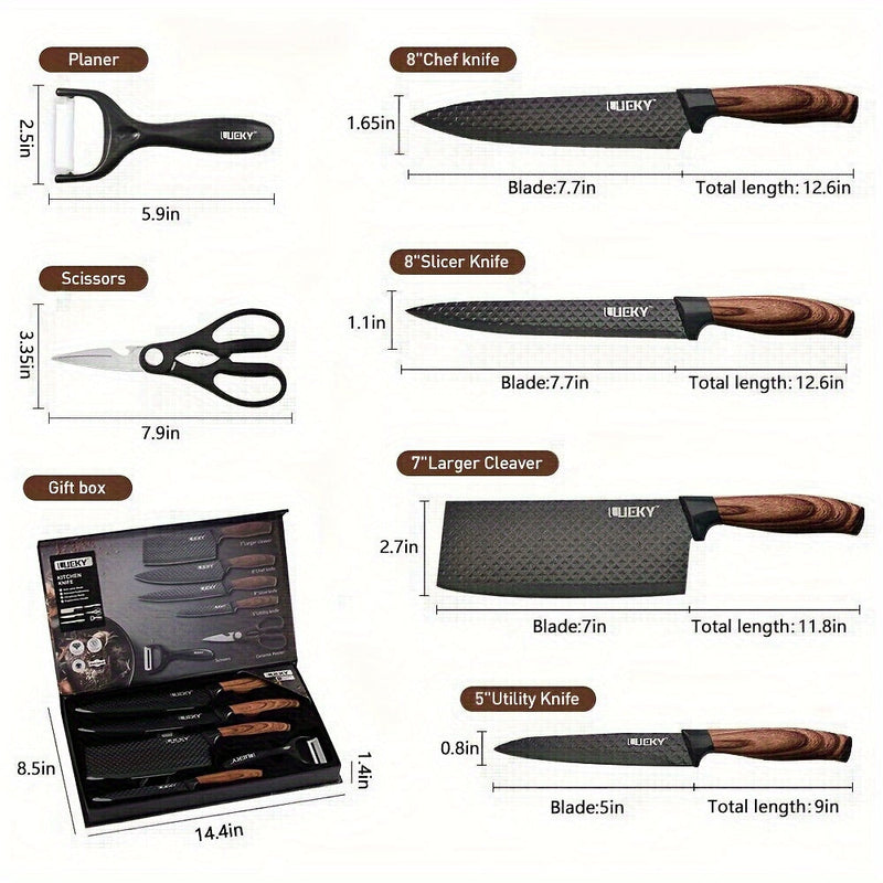 Professional Kitchen Knife Gift Set – 6-Piece Chef, Cleaver, Utility & Peeler – Premium Blades with Wood Grain Handles in Gift Box Our3Designs